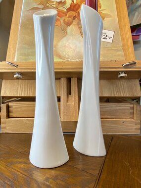 Vintage Nambé Modernist Twist White Porcelain Candlestick Holders - Set of 2